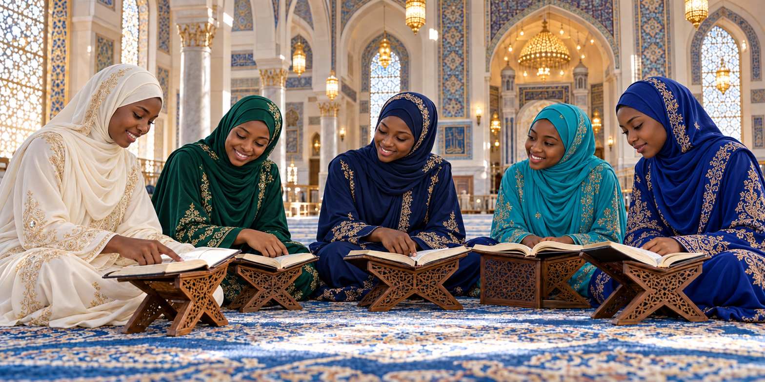 Girls in hijab reading the Qur'an on carved wooden stands in a mosque hall